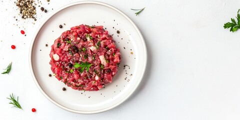Poster - Beef steak tartare on a light background. Concept of French cuisine. Top view, flat lay, copyspace.