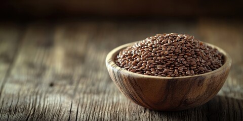 Canvas Print - Close-up of a wooden bowl containing healthy and tasty roasted flax seeds set against a wooden background with copy space.