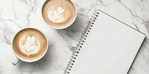 Aufkleber - Two cups of coffee alongside a blank notebook on a white marble table in the morning light.