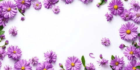 Aufkleber - Beautiful asters with space for text on a white background, top view. Fall flowers
