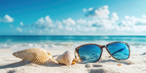 Aufkleber - Sunglasses and seashells on a sandy shore beneath a blue sky.