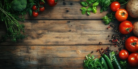Poster - Vegetables on wood. Organic healthy food, herbs, and spices. Organic vegetables placed on wood.