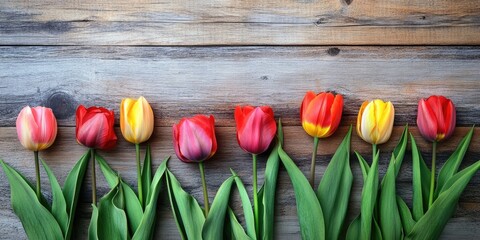 Poster - Spring tulips bloom on a wooden backdrop. Tulips, gardening idea.