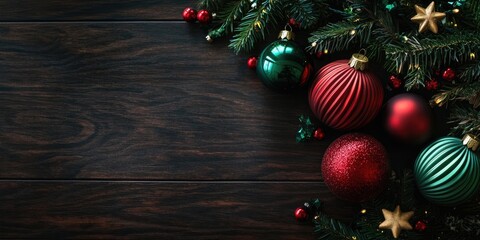 Poster - Christmas red, wavy, and green ribbed ornaments on a dark wooden table. Top view.