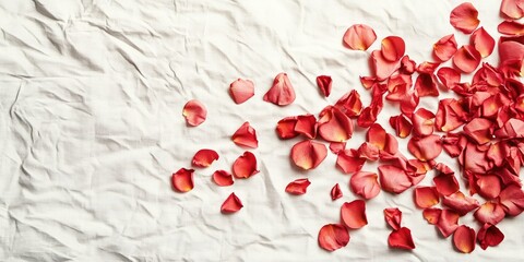 Poster - Beautiful romantic rose petals scattered on a white sheet create a simple yet striking and colorful backdrop for adding copy.