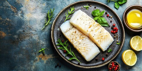 Aufkleber - Cod white fish fillet, a fresh and healthy meal, serves as a food snack option for a diet, displayed on the table with copy space in a rustic top view, suitable for a pescatarian diet.