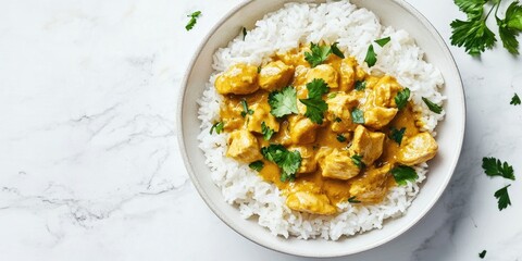 Poster - Tasty rice and chicken with curry sauce on a white marble table, viewed from above. Room for text.