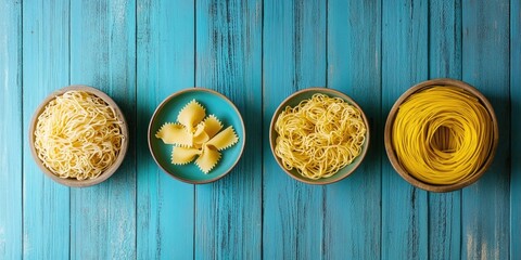 Poster - Collage. Italian cuisine, collection of pasta, noodles, and spaghetti. Set against a blue wooden backdrop. Top view. Copy space.