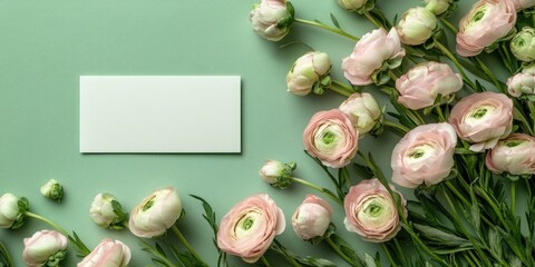 Poster - Trendy banner for Valentine's Day, International Women's Day, or Mother's Day. Invitation for a party or wedding featuring an arrangement of Eustoma flowers and a blank card on a green background.