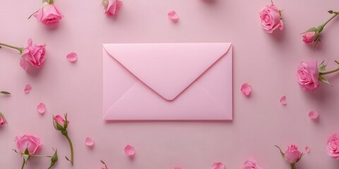Aufkleber - Empty pink envelope mockup with pink rose buds, festive background, copyspace.