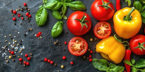Poster - A collection of raw ingredients for Italian cuisine on a stone table background. Tomatoes, red and yellow peppers. Assortment of healthy food items. Closeup and top view.