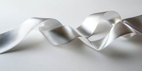 Aufkleber - Curled silver silk ribbon set against a white backdrop. Silver ribbon roll placed on a white background.