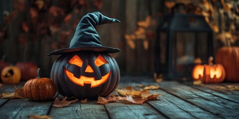 Poster - Halloween decor on a wooden background at home.