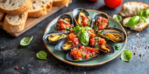 Poster - Baked mussels topped with tomato and fresh sweet basil on a table alongside bread.