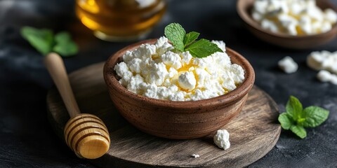 Aufkleber - Cottage cheese in a clay bowl alongside honey on wooden boards. Sour cream is in a wooden spoon. Dairy items and honey set against a dark background. Fresh mint and soft cheese for breakfast.