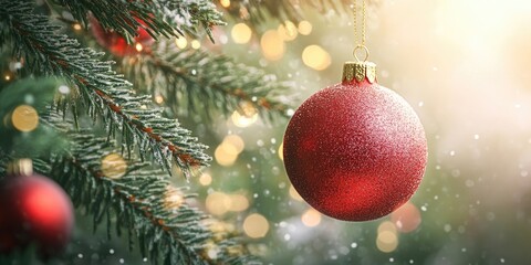 Poster - Christmas ball with glitter hanging on the Christmas tree for decoration during Christmas or New Year's Eve. There is an area for the copyspace.