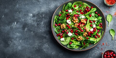 Canvas Print - Fresh, nutritious vegetarian salad featuring spinach, pomegranate seeds, walnuts, saffron, pepper, and ricotta on a gray background. Selective focus. Top view. Copyspace for text.