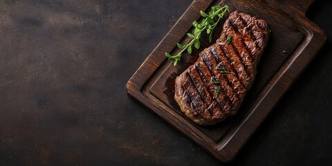 Poster - Grilled beef steak on a wooden platter with copy space for your text.