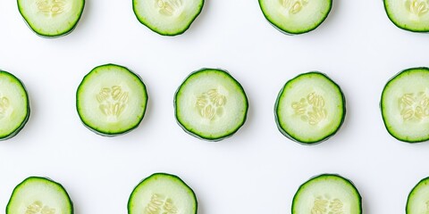 Poster - Slices of fresh, juicy, ripe cucumber on a clean light white background. Minimalist concept, copyspace. The concept of healthy eating.