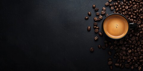 Leinwandbilder - Top view of a coffee cup and coffee beans on a black table background, enjoying coffee time with copy space.