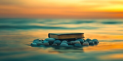 Poster - Bible placed on small stones in front of the green sea under an orange sky. Copy space.