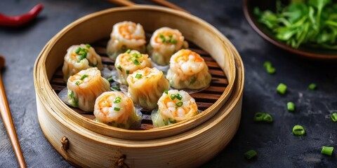 Poster - Chinese cuisine, shrimp Shumai dumplings in a steamer.