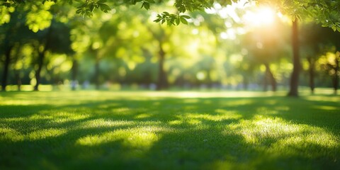Poster - Abstract bio green blur nature background featuring trees and lush foliage in a park during the morning with sunlight.