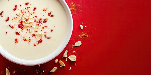 Poster - Closeup of Khoya Kheer Kadam or Raskadam on a white plate, set against a red background with copyspace for text.