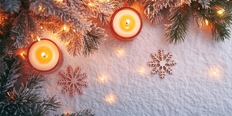 Fototapete - Christmas snowflakes with candles on a light backdrop. Selective focus. A space for copy. Top view. Christmas, New Year card background.