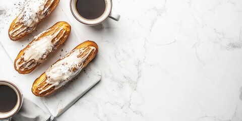 Poster - Delicious glazed eclairs and cups of coffee on a white marble table, viewed from above. Area for text