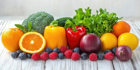 Canvas Print - fruits and vegetables on a white wooden table