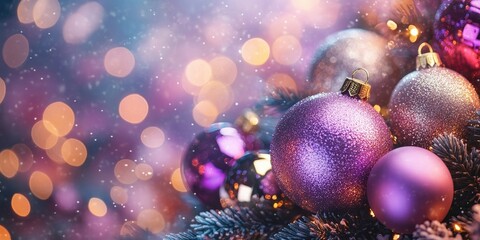 Poster - Christmas tree ornaments, New Year backdrop. Bokeh and details. Golden, violet, and pink ornaments.