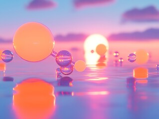 Poster - Abstract sunset scene with floating glass spheres reflecting on calm water.