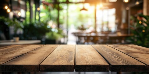 Fototapete - Selected focus on an empty brown wooden table with a blurred coffee shop background featuring bokeh, suitable for your photomontage or product display.