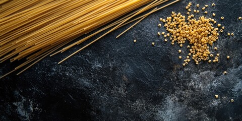 Poster - Raw whole-grain brown spaghetti, made from wheat flour, sits on a dark stone background and is rich in nutrients like protein, carbohydrates, and fiber, top view and copy space.