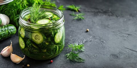 Poster - Pickled and fermented cucumbers in a glass jar with dill and garlic on a dark grey concrete table. Area for text.