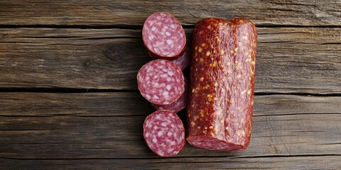 Poster - Smoked salami sausage on a rustic wooden surface. Top view