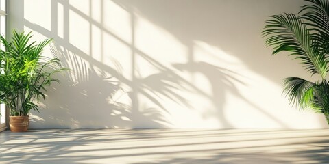 Leinwandbilder - Blurred shadows from natural light create an overlay effect on a white wall, serving as a backdrop for product presentations and a summer theme.