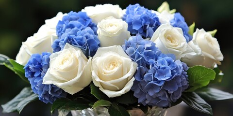 Aufkleber - Blue hydrangea and white rose arrangement.