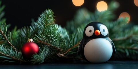 Aufkleber - Perspective of Christmas decorations. Christmas items include a penguin toy and a fir tree branch, with a blurred dark background. Copy space text area.