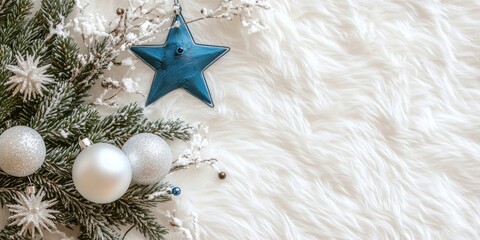 Poster - Frame with a Christmas decorative star, white baubles, a blue bird, and fir tree branches on a white fur background next to a textured wall. Decorative Christmas arrangement. Area for text.