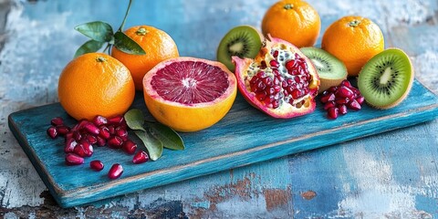 Poster - Cut citrus fruits: orange, pomegranate, mandarin, persimmon, kiwi on a blue wooden board.