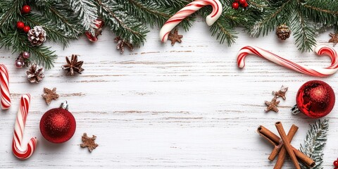 Poster - Arrangement of fir branches, candy canes, Christmas decorations, and cinnamon on a light wooden background.