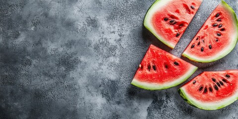 Poster - Slices of fresh red watermelon on a concrete grey background. A healthy summer snack rich in vitamins and antioxidants. Copy space. Top view.