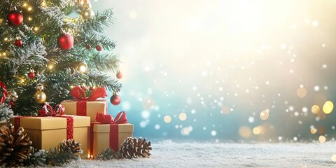 Poster - Beautiful Christmas arrangement. Gift boxes and Christmas decorations with a Christmas tree in the background. Xmas backdrop for your greeting card, featuring space for text.