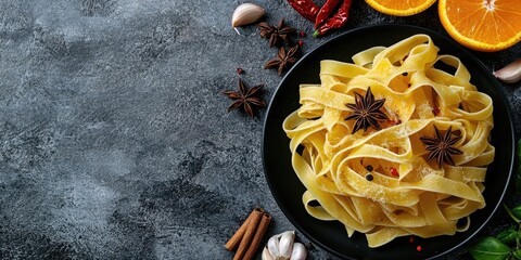Aufkleber - Tasty, vibrant Italian pasta in a black ceramic plate, with chili pepper, orange, garlic, star anise, and cinnamon on a grey textured background, copy space.