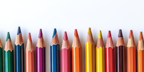 Leinwandbilder - Back to school theme. Close-up photos of various colored pencils set against a white background. Flat lay, top view, copyspace.