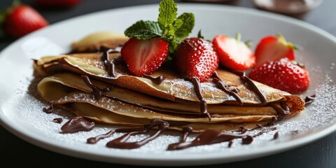 Poster - Classic French crepes made with chocolate, garnished with mint and strawberries. To prepare the batter, combine a substantial amount of eggs, milk, and flour.