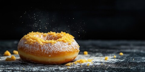 Poster - Donut coated with white sugar glaze and topped with yellow pastry crumbs, set against a black background with copyspace.