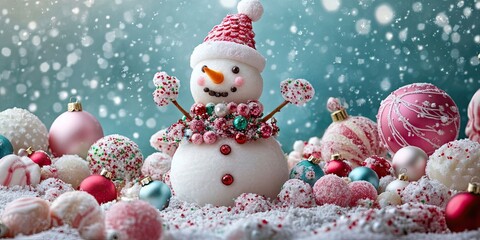 Wall Mural - A snowman made of sweets adorned with Christmas ornaments.